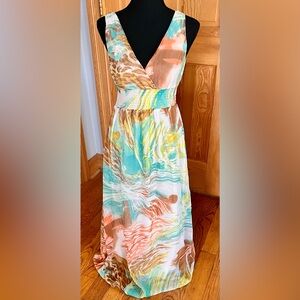 NWT Chaudry KC Boho Maxi Dress SZ S Multicolor Watercolor V-Neck Lined India 51”